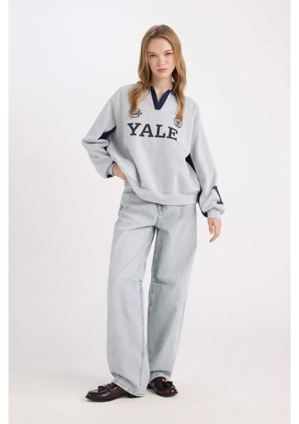 Yale University Oversize Geniş Kalıp Polo Yaka Baskılı Kalın Sweatshirt D7001AX24WN