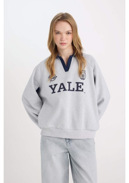 Yale University Oversize Geniş Kalıp Polo Yaka Baskılı Kalın Sweatshirt D7001AX24WN