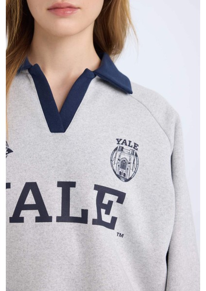 Yale University Oversize Geniş Kalıp Polo Yaka Baskılı Kalın Sweatshirt D7001AX24WN