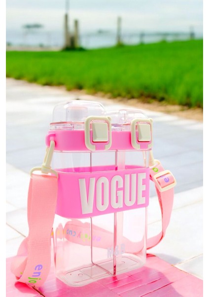 Çift Bölmeli Vogue Matara, 900 ml Çift Kapaklı, Pipetli Çocuk Suluk Okul Için Boyun Askılı Suluk
