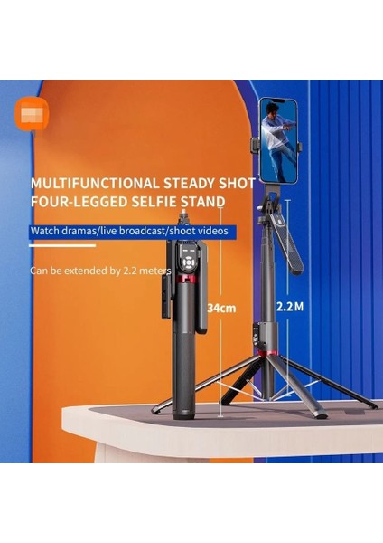 220 cm Çift Uzaktan Kumandalı Alüminyum Tripod Telefon, Kamera, Işık ve Gopro Uyumlu Selfie Çubuğu