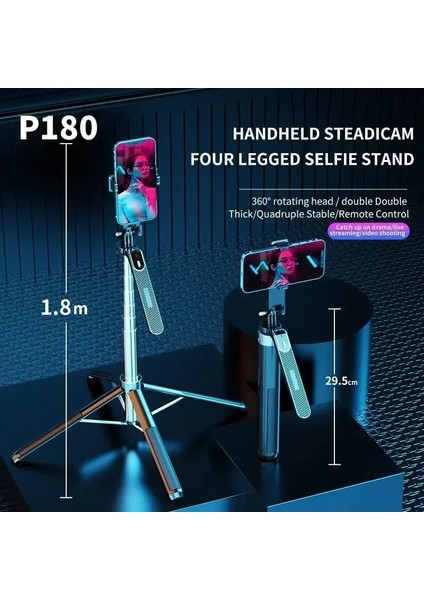 Alüminyum 180 cm Katlanabilir Cep Telefonu ve Kamera Tripodu Kumandalı Gopro Uyumlu Selfie Çubuğu