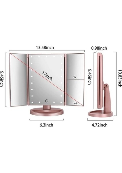 Büyüteçli 22 Led Işıklı Katlanabilir Açısı Ayarlanabilir Taşınabilir Masaüstü Pilli Dokunmatik Makyaj Aynası