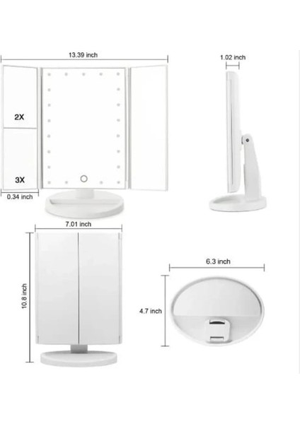 Büyüteçli 22 Led Işıklı Katlanabilir Açısı Ayarlanabilir Taşınabilir Masaüstü Pilli Dokunmatik Makyaj Aynası