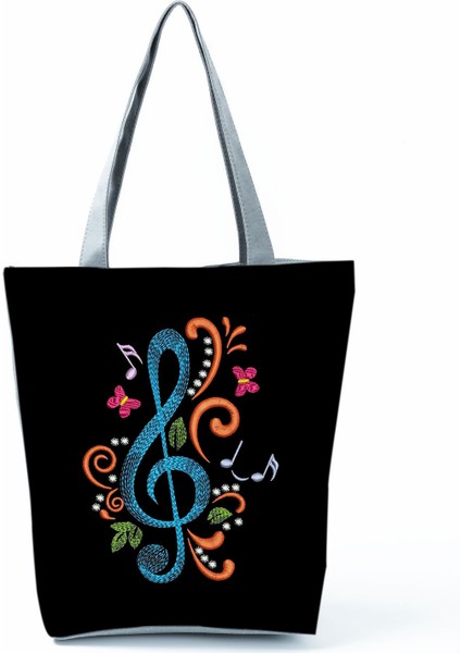 Müzik Sembolü Baskılı Omuz Piyano Anahtarlı Debriyaj Taşınabilir Büyük Kapasiteli Tote Çanta (Yurt Dışından)