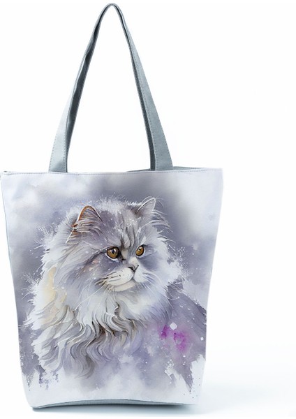 Sevimli Suluboya Kedi Baskı Büyük Kapasiteli Gündelik Kadın Karikatür Katlanabilir Seyahat Çanta (Yurt Dışından)