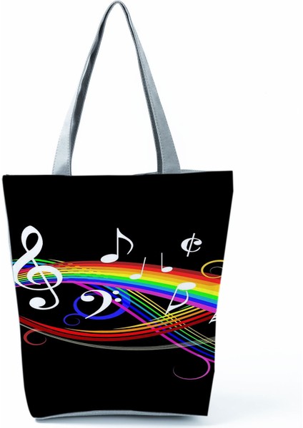 Müzik Sembolü Baskılı Omuz Piyano Anahtarlı Debriyaj Taşınabilir Büyük Kapasiteli Tote Çanta (Yurt Dışından)