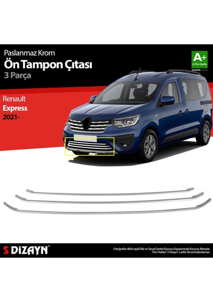 S-Dizayn Renault Express Krom Ön Tampon Çıtası 3 Prç 2021 Üzeri