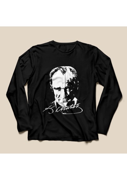 Atatürk Baskılı Tişört - Siyah - Uzun Kollu - TS855 - Beden: 13-14 Yaş (Xs Beden)