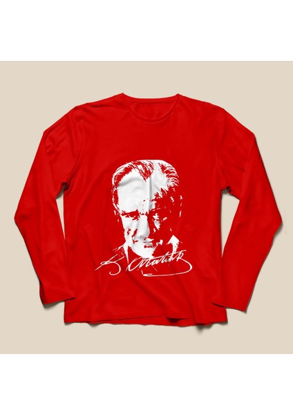 Atatürk Baskılı Tişört - Kırmızı - Uzun Kollu - Beden: 11-12 Yaş
