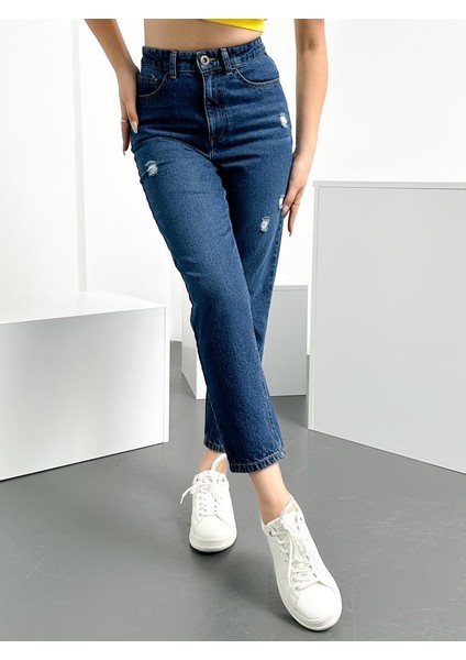 Mavi Yıpratma Kadın Mom Jean Yüksek Bel Likralı Esnek Kot Pantolon Anna-Mvypt