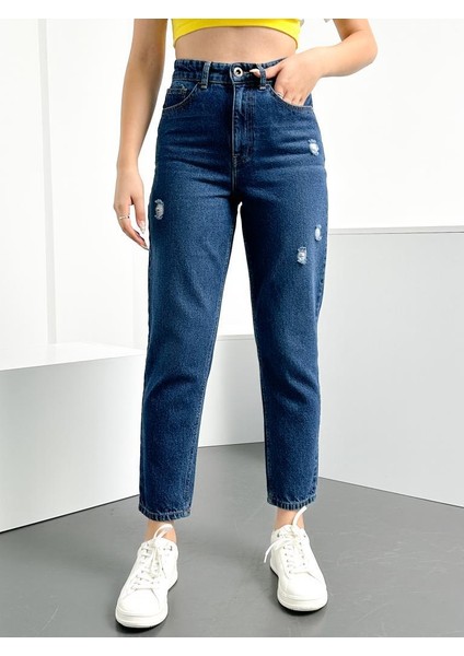 Mavi Yıpratma Kadın Mom Jean Yüksek Bel Likralı Esnek Kot Pantolon Anna-Mvypt modelleri