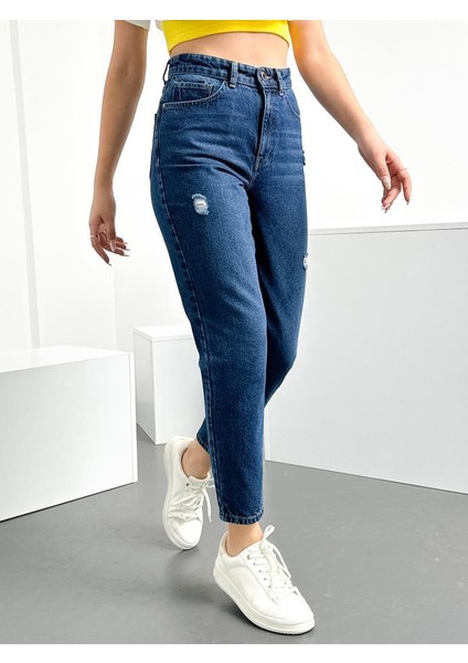 Mavi Yıpratma Kadın Mom Jean Yüksek Bel Likralı Esnek Kot Pantolon Anna-Mvypt indirimleri