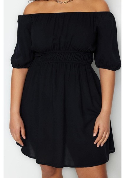 Yeni Rahat Casual Günlük Shally Dokuma Carmen Yaka Kısa Kol Skater Mini Boy Büyük Beden Elbise