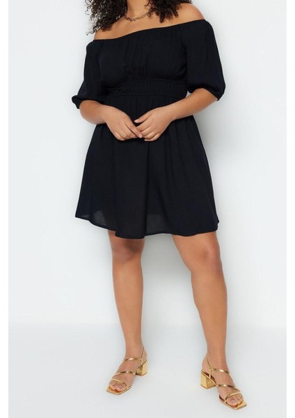 Yeni Rahat Casual Günlük Shally Dokuma Carmen Yaka Kısa Kol Skater Mini Boy Büyük Beden Elbise modelleri