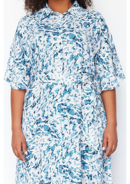 Rahat Casual Günlük Shally Dokuma Gömlek Yaka Kısa Kol A-Line Maxi Boy Büyük Beden Elbise