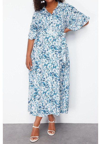 Rahat Casual Günlük Shally Dokuma Gömlek Yaka Kısa Kol A-Line Maxi Boy Büyük Beden Elbise fiyatları