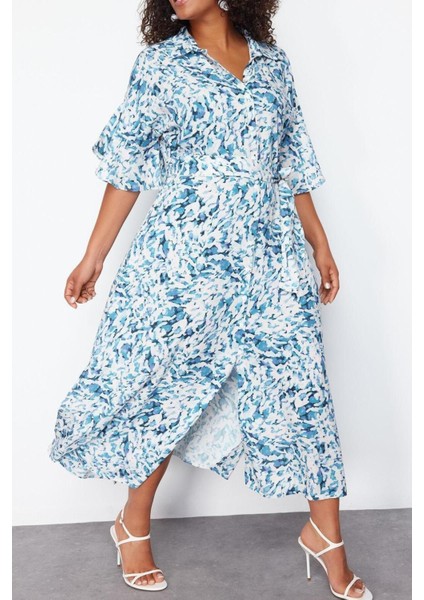 Rahat Casual Günlük Shally Dokuma Gömlek Yaka Kısa Kol A-Line Maxi Boy Büyük Beden Elbise fırsatları