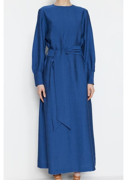 Yeni Regular Günlük Keten Aerobin Dokuma Bisiklet Yaka Uzun Kol Shift Maxi Boy Tesettür Elbise