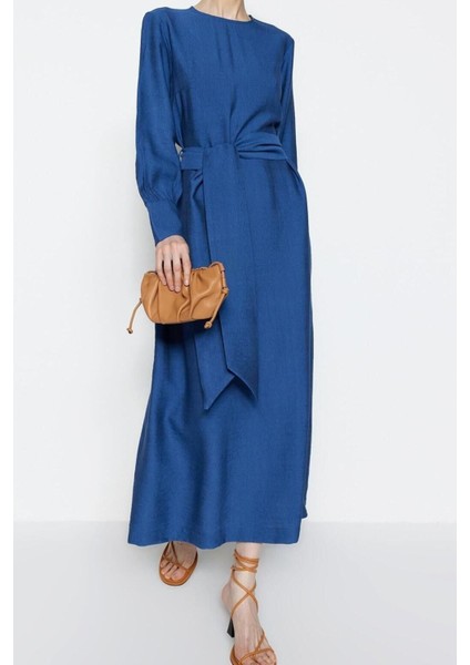 Yeni Regular Günlük Keten Aerobin Dokuma Bisiklet Yaka Uzun Kol Shift Maxi Boy Tesettür Elbise fiyatları