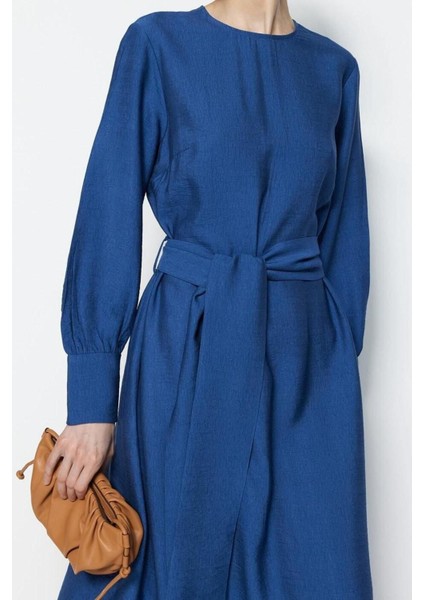 Yeni Regular Günlük Keten Aerobin Dokuma Bisiklet Yaka Uzun Kol Shift Maxi Boy Tesettür Elbise fırsatları