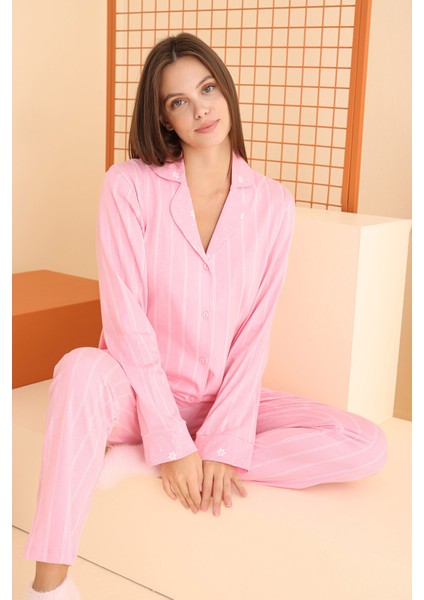 Pembe Çizgili Önden Düğmeli Pijama Takım