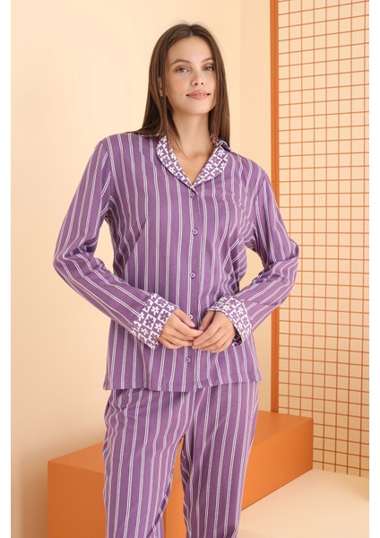 Lila Önden Düğmeli Pijama Takım