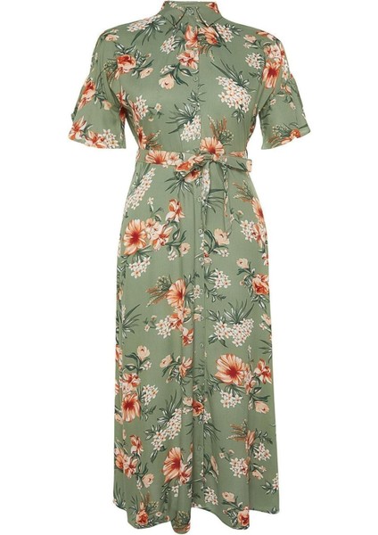 Yeni Rahat Casual Günlük Shally Dokuma Gömlek Yaka Kısa Kol A-Line Maxi Boy Büyük Beden Elbise