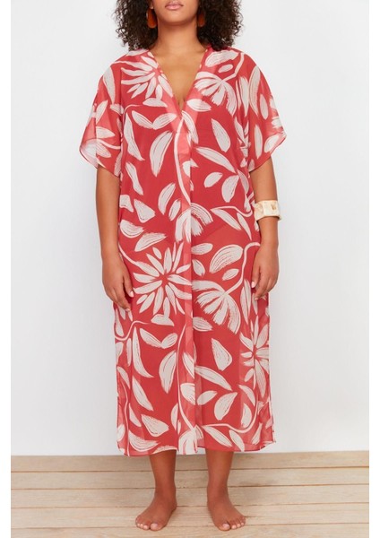 Yeni Oversize Plaj Günlük Şifon Dokuma V Yaka Kısa Kol Basic Midi Boy Büyük Beden Elbise