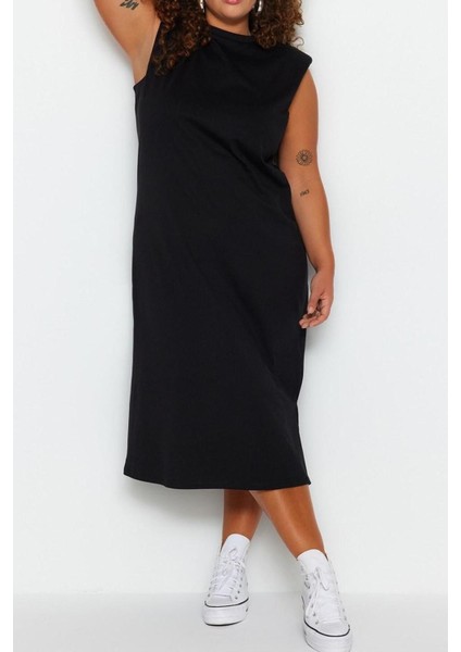Yeni Rahat Casual Günlük Süprem Örme Bisiklet Yaka Kolsuz Kol Shift Midi Boy Büyük Beden Elbise