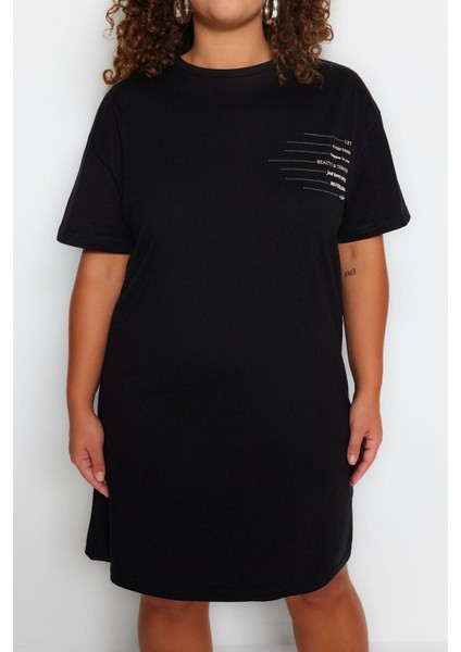 Yeni Rahat Günlük Süprem Örme Bisiklet Yaka Kısa Kol T-Shirt Elbise Mini Boy Büyük Beden Elbise