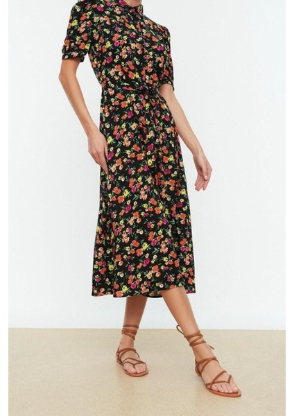 Yeni Regular Casual Günlük Shally Dokuma Gömlek Yaka Kısa Kol Gömlek Elbise Midi Boy Elbise