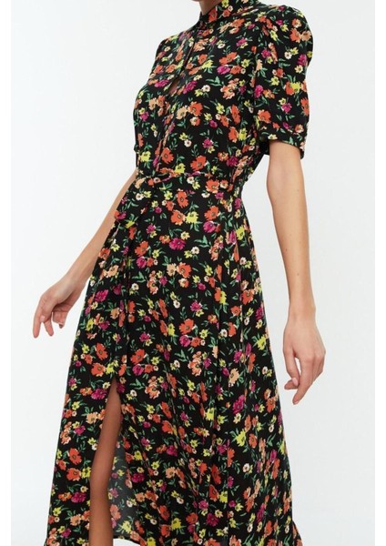 Yeni Regular Casual Günlük Shally Dokuma Gömlek Yaka Kısa Kol Gömlek Elbise Midi Boy Elbise