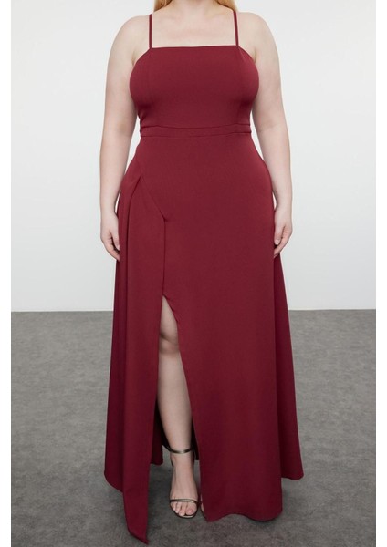 Yeni Fit Şık Abiye Gece Finike Dokuma Kare Yaka Askılı Kol Bodycone Maxi Boy Büyük Beden Elbise modelleri
