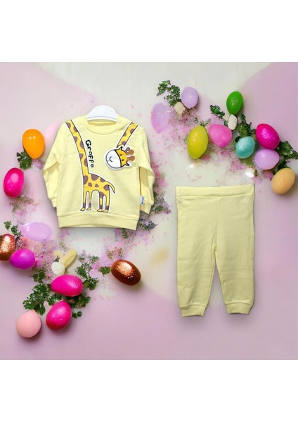 2'li Unisex Bebek Takımı - Zürafa Baskılı - 6, 9, 12, 18 Aylık - Turuncu, Sarı, Mavi