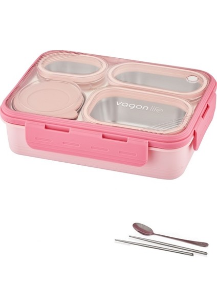 Paslanmaz Çelik Tek Kat Dört Bölmeli Metal Kaşıklı Beslenme Kutusu 950 ml FFLBOX7099 (Yurt Dışından)