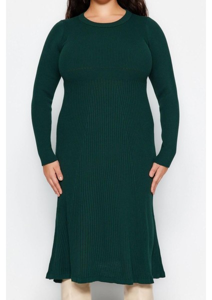 Yeni Fit Casual Günlük Fitilli Triko Bisiklet Yaka Uzun Kol A-Line Midi Boy Büyük Beden Elbise