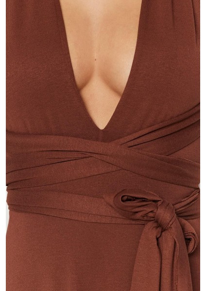Yeni Regular Plaj Günlük Süprem Örme V Yaka Askılı Kol Shift Maxi Boy Elbise