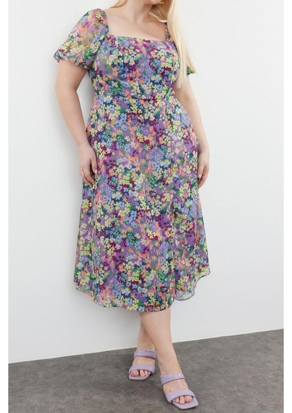 Yeni Büyük Beden Casual Günlük Şifon Dokuma Kare Yaka Kısa Kol A-Line Büyük Boy Büyük Beden Elbise fiyatları