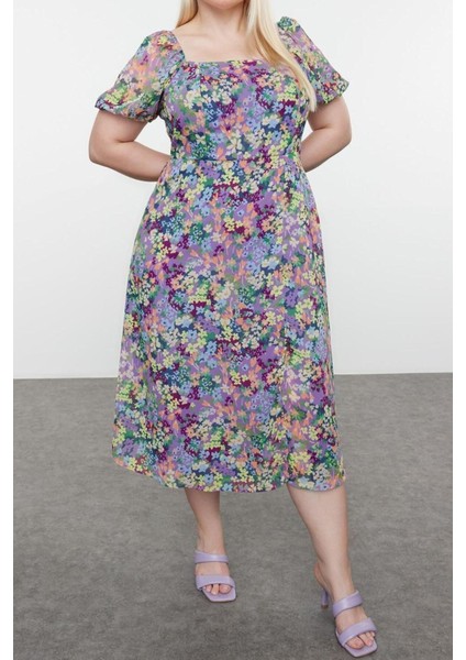 Yeni Büyük Beden Casual Günlük Şifon Dokuma Kare Yaka Kısa Kol A-Line Büyük Boy Büyük Beden Elbise modelleri