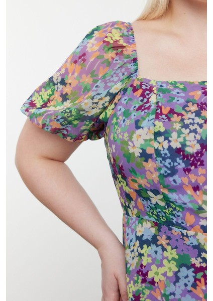 Yeni Büyük Beden Casual Günlük Şifon Dokuma Kare Yaka Kısa Kol A-Line Büyük Boy Büyük Beden Elbise indirimleri