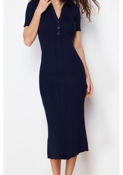 Yeni Regular Casual Günlük Tek Plaka Triko Polo Yaka Kısa Kol A-Line Maxi Boy Elbise