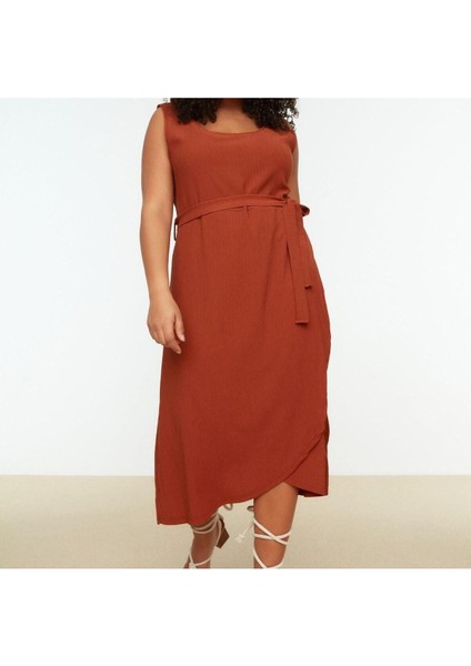 Yeni Slim Casual Günlük Bürümcük Örme U Yaka Kolsuz Kol Anvelop Midi Boy Büyük Beden Elbise