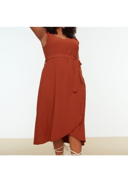 Yeni Slim Casual Günlük Bürümcük Örme U Yaka Kolsuz Kol Anvelop Midi Boy Büyük Beden Elbise modelleri