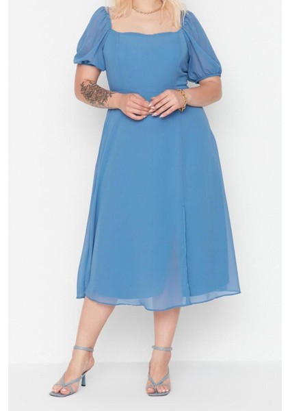 Yeni Fit Casual Günlük Şifon Dokuma Kare Yaka Kısa Kol A-Line Midi Boy Büyük Beden Elbise modelleri