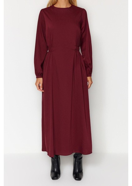 Yeni Regular Casual Günlük Poplin Dokuma Bisiklet Yaka Uzun Kol A-Line Maxi Boy Tesettür Elbise