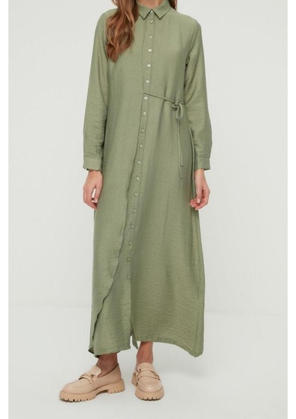 Yeni Regular Günlük Keten Aerobin Dokuma Ceket Yaka Uzun Kol Gömlek Elbise Maxi Boy Tesettür Elbise