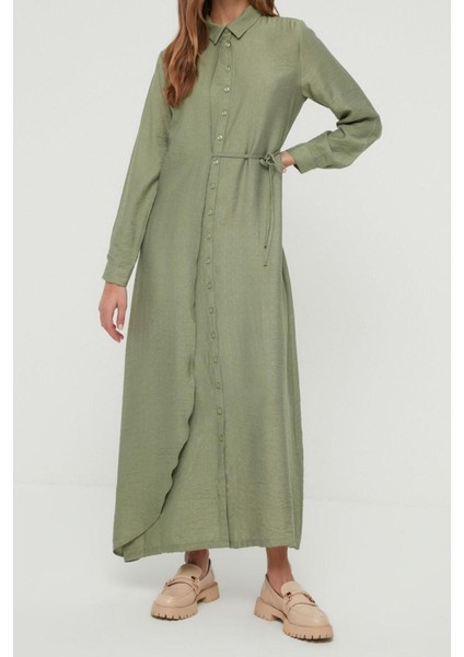 Yeni Regular Günlük Keten Aerobin Dokuma Ceket Yaka Uzun Kol Gömlek Elbise Maxi Boy Tesettür Elbise fiyatları