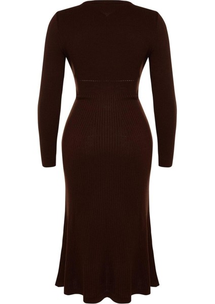 Yeni Fit Casual Günlük Fitilli Triko Bisiklet Yaka Uzun Kol A-Line Midi Boy Büyük Beden Elbise