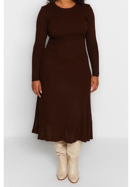 Yeni Fit Casual Günlük Fitilli Triko Bisiklet Yaka Uzun Kol A-Line Midi Boy Büyük Beden Elbise